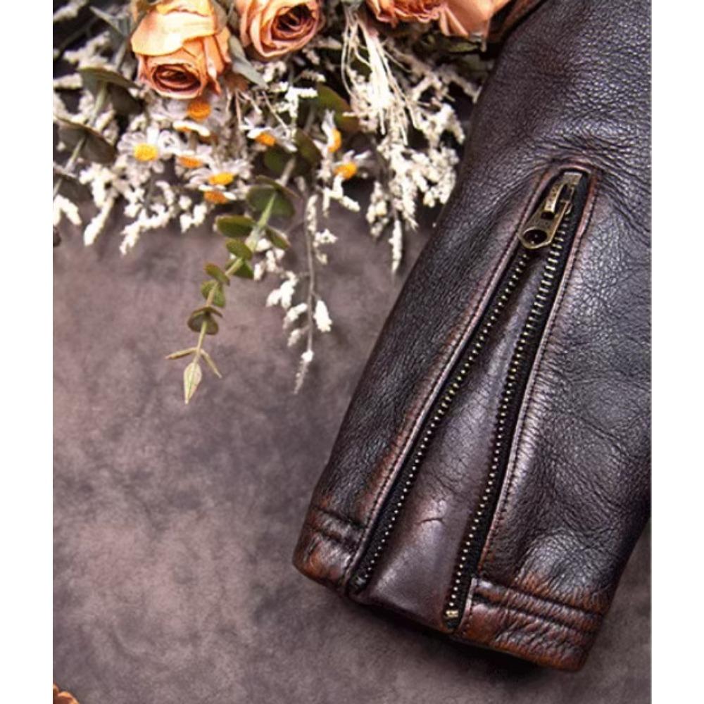 Chinese Size Vintage Men Genuine Leather Jacket Tea Core Cowhide Thickness 1.6mm Tanned Oil Waxed Real Leather Jacket Heavy Thick