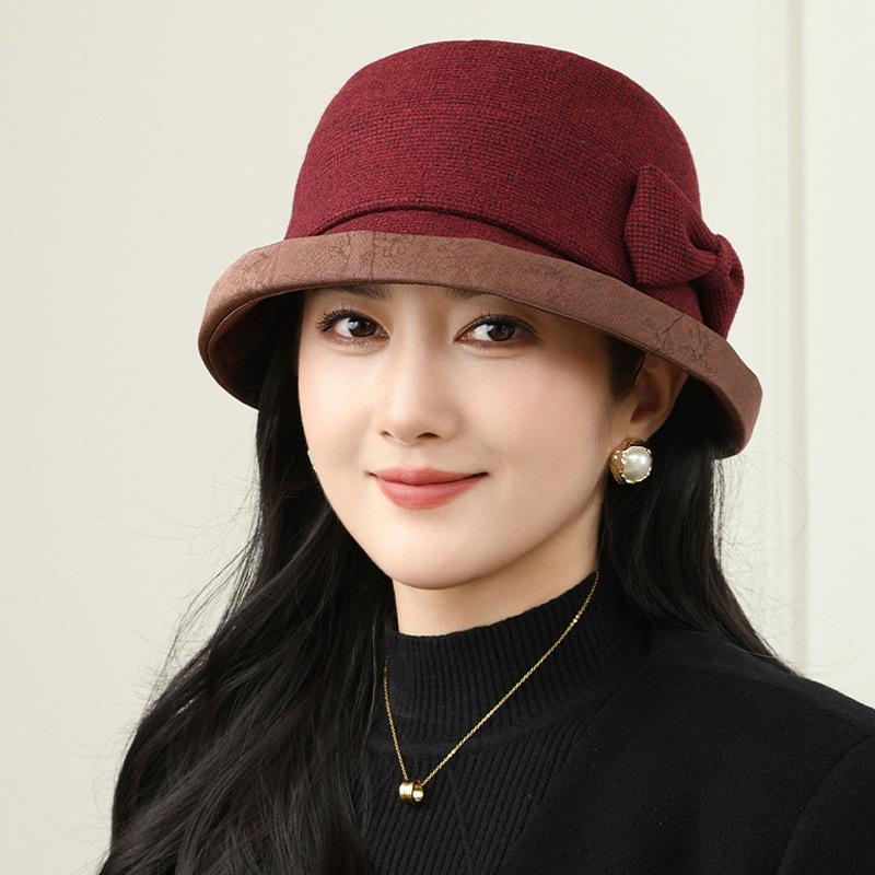Middle-aged and Elderly Autumn and Winter Versatile Show Small Face Elegant Woolen Fashion Basin Hat Mother Temperament Bow Fisherman Hat