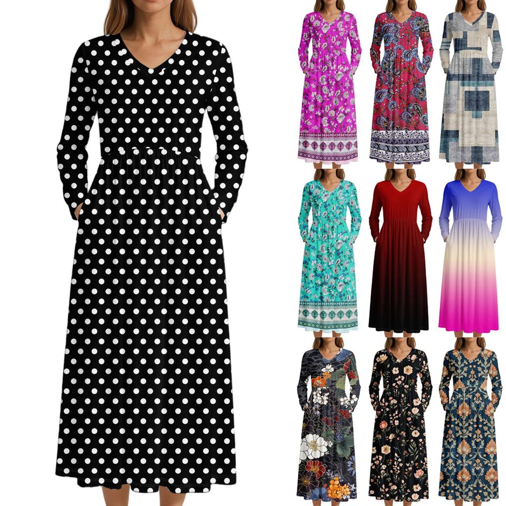 Šaty Pro Ženy Dlouhé Boho Plážové Šaty Elegantní Maxi Šaty Výstřih do V Dlouhý Rukáv Šaty s Kapsami