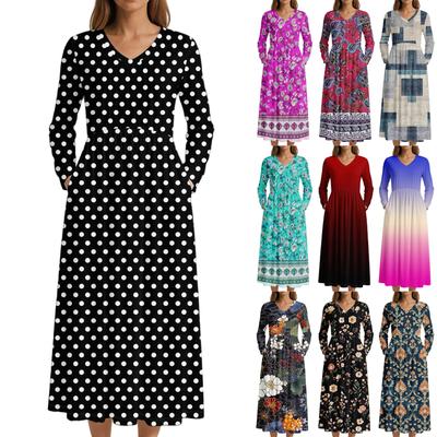 Dress For Women Long Boho Beach Dress Elegant Maxi Dress V-Neck Long Sleeve Dress With Pockets