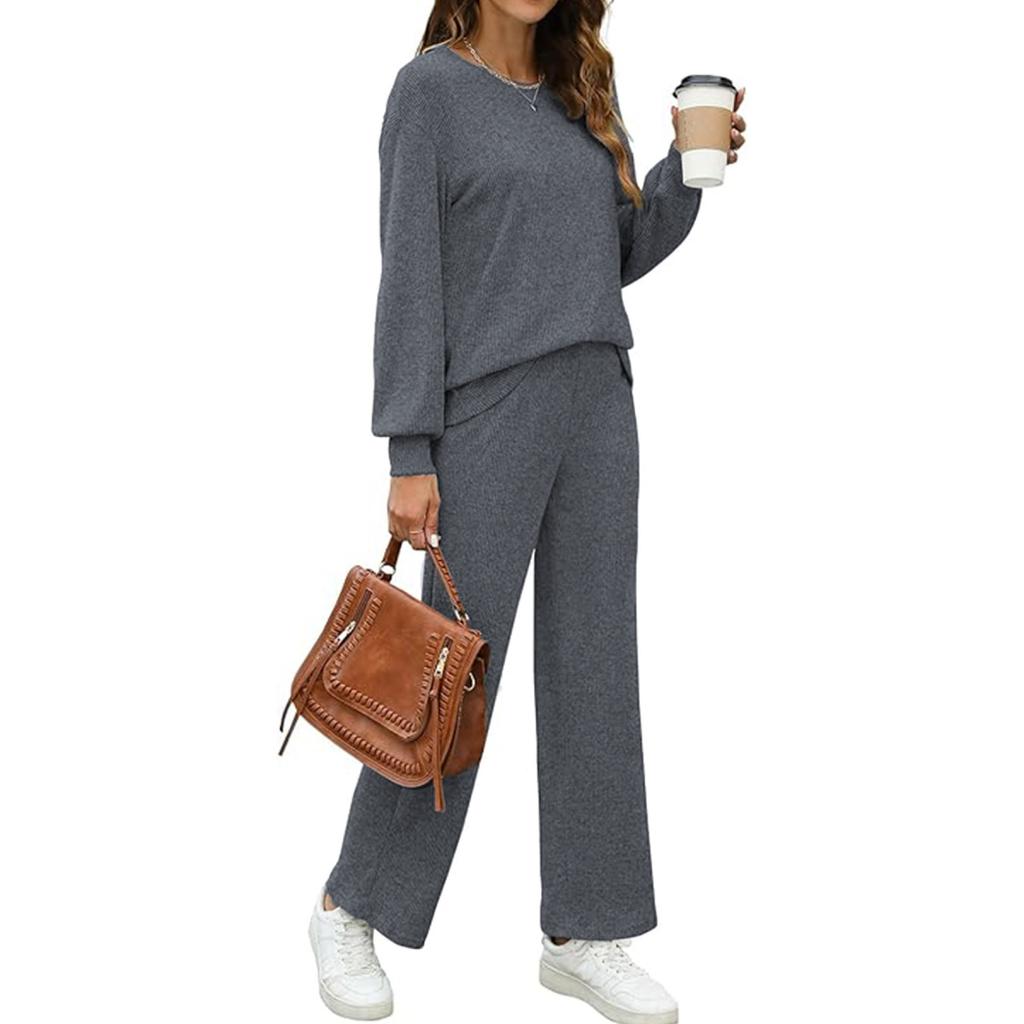 Women's set autumn and winter solid color starry sky thread home long-sleeved round neck top straight trousers