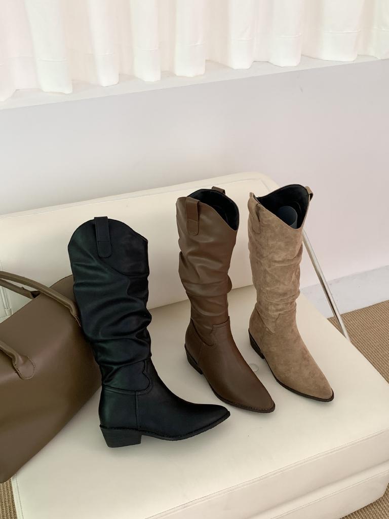 2025 new soft leather tall pleated thick heel female knight but knee small women's boots