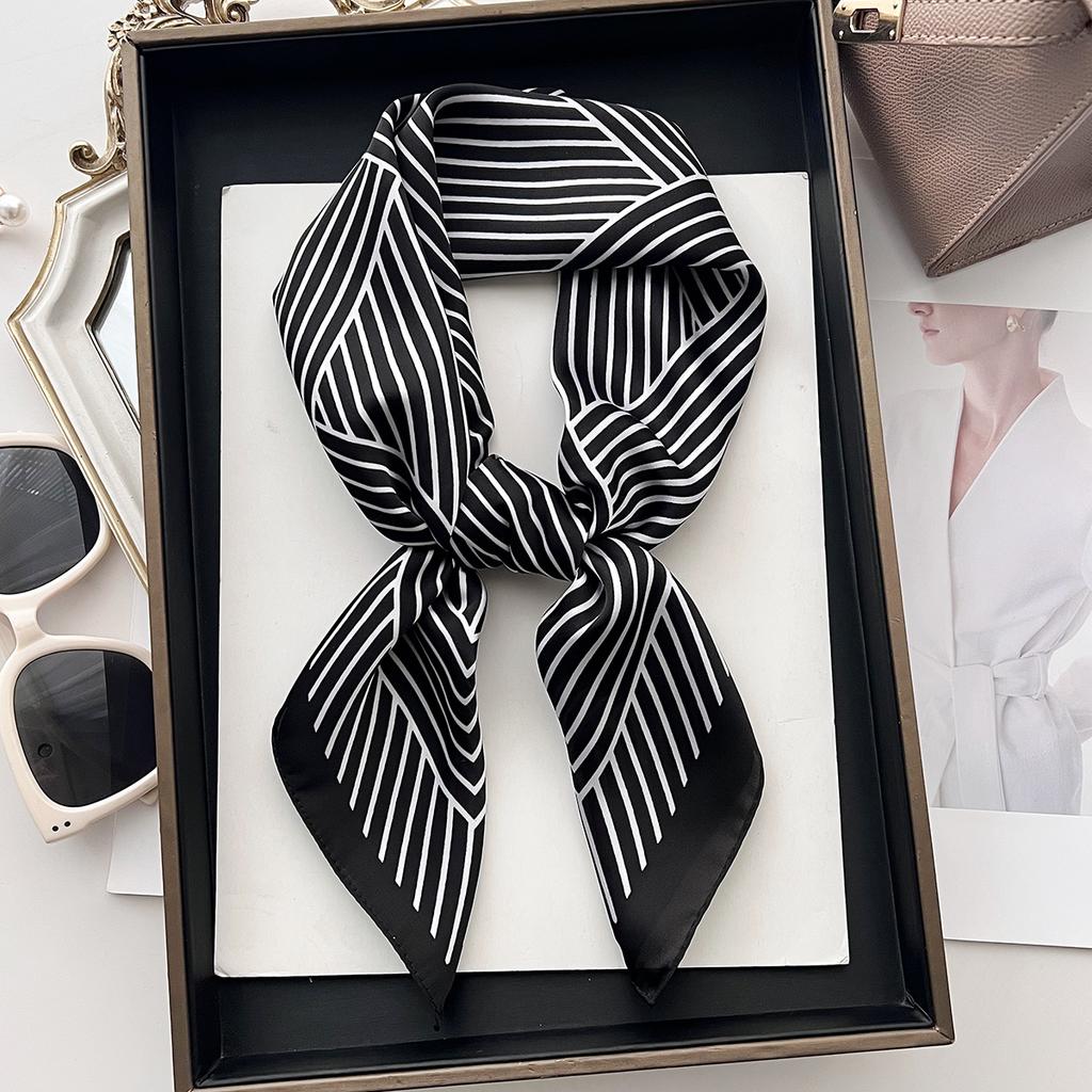Minimal Striped Small Square Scarf Women'S Spring And Summer Simulation Silk Scarf Foreign Style Neck Protection Scarf Headband Headscarf