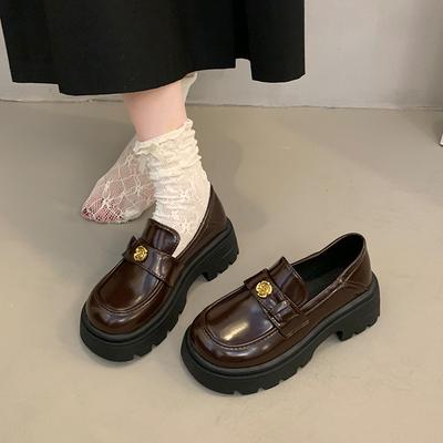 French Thick Heel Retro British Style Black Platform Small Leather Shoes Women's 2025 Spring and Autumn New Gold Coin Casual Loafers