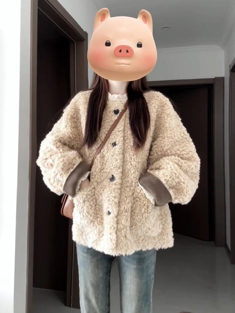 Women s Korean Lambswool Short Jacket, Thicker Fleece-Lined, Loose Fit for Autumn/Winter 2025. Small