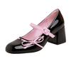 Patent Leather Mixed Color Chunky Mary Jane Shoes Women Sweet Round Toe Bowknot Sandals Fashion Party Buckle Wedding High Heels