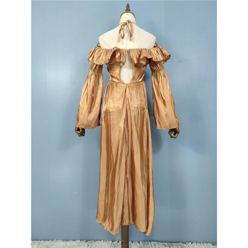Export Women's Summer New Arrival Long Sleeves Ruffles Halterneck off-Shoulder Shining Silk Elegant Beautiful All-Match Dress