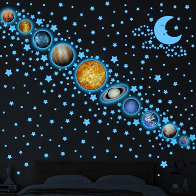 Pegatinas de Pared del Sistema Solar que Brillan en la Oscuridad: 9 Planetas, Luna y Meteoritos para Decoración de Habitación Infantil
