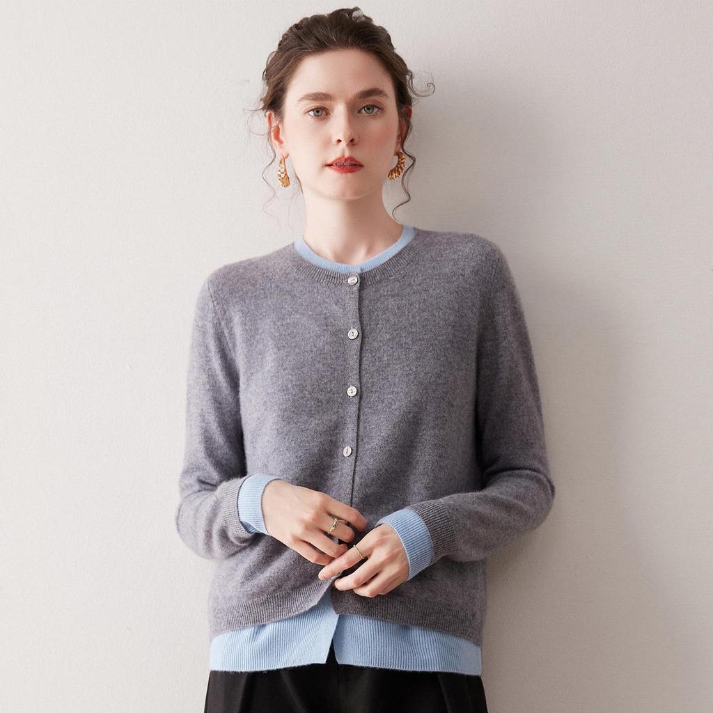 2025 Autumn/Winter Cashmere Color Block Two-Piece Knit Cardigan – Elegant Campus Style Sweater Top