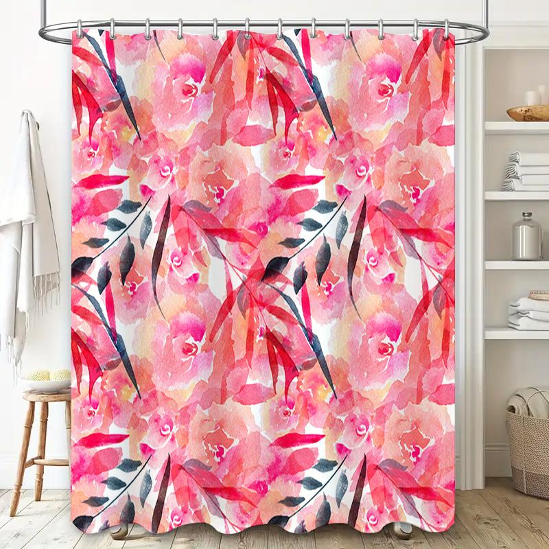 Watercolor Floral Shower Curtain Pink Black Print Modern Home Decor Bathroom Set for Bathtub Made with High-Quality Fabric