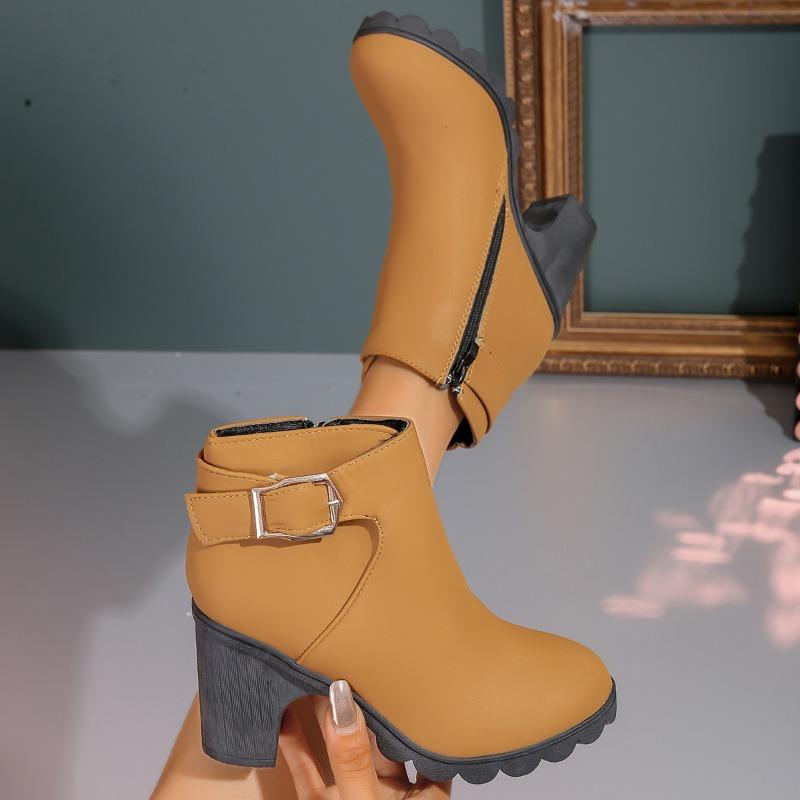 Large size boots women's autumn and winter round head belt buckle Martin boots side zipper thick heel high heel short boots