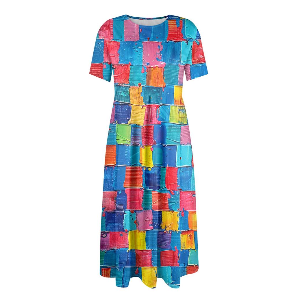 Women's Fashionable Print Round Neck Short Sleeved Loose Hem Pocket Dress