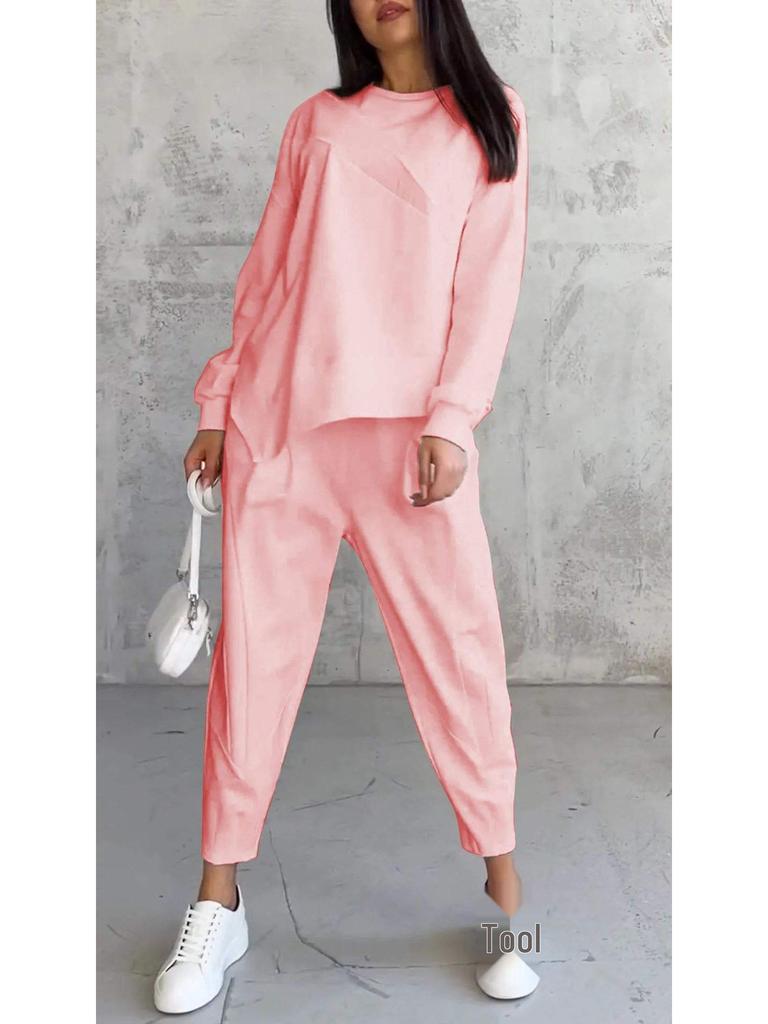 2024 Autumn/Winter Women's Casual Loose Fit Round Neck Irregular Long Sleeve Sweatshirt Set