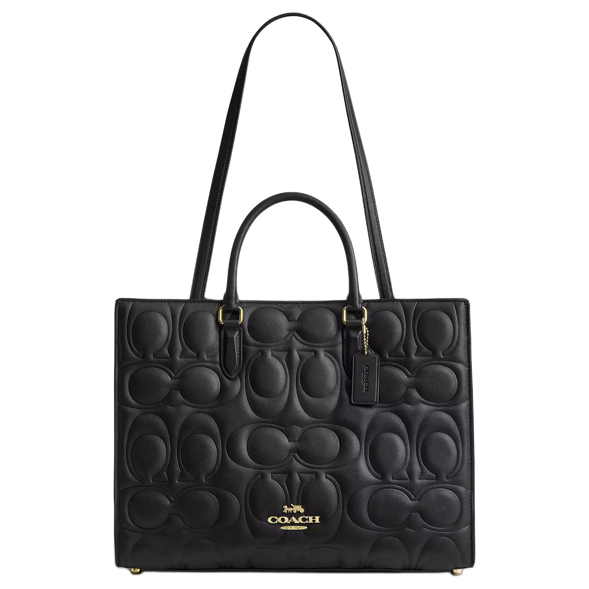 Coach Women's Black Maggie 36 Signature Logo Leather Tote Bag Tote Bags Cy672-Imblk