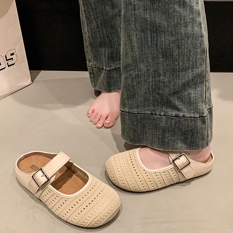 Fashion Beige Heeled Sandals Slippers Casual Shoes Low Black Luxury Soft PU Rome Fabric Plastic Fashion Rubber Hoof Beige Heeled Sandals