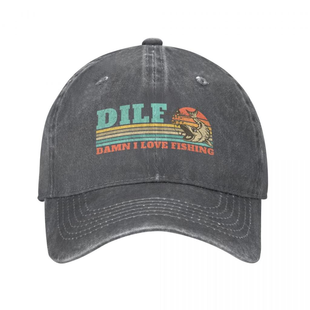 Vintage DILF Damn I Love Fishing Funny Fishing Gift Baseball Cap Unisex Style Distressed Denim Washed Snapback Cap Retro Hat