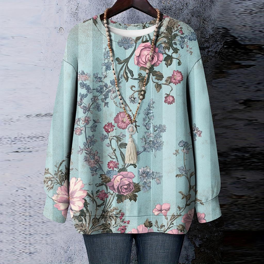 Women's Floral Print Round Neck Long Sleeved T-shirt Sweatshirt Top