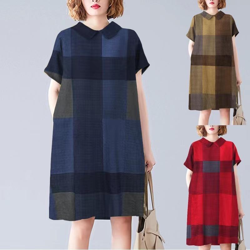 

Летнее платье с короткими рукавами для женщин, классическая клетчатая юбка средней длины с лацканами, свободная юбка трапециевидной формы большого размера