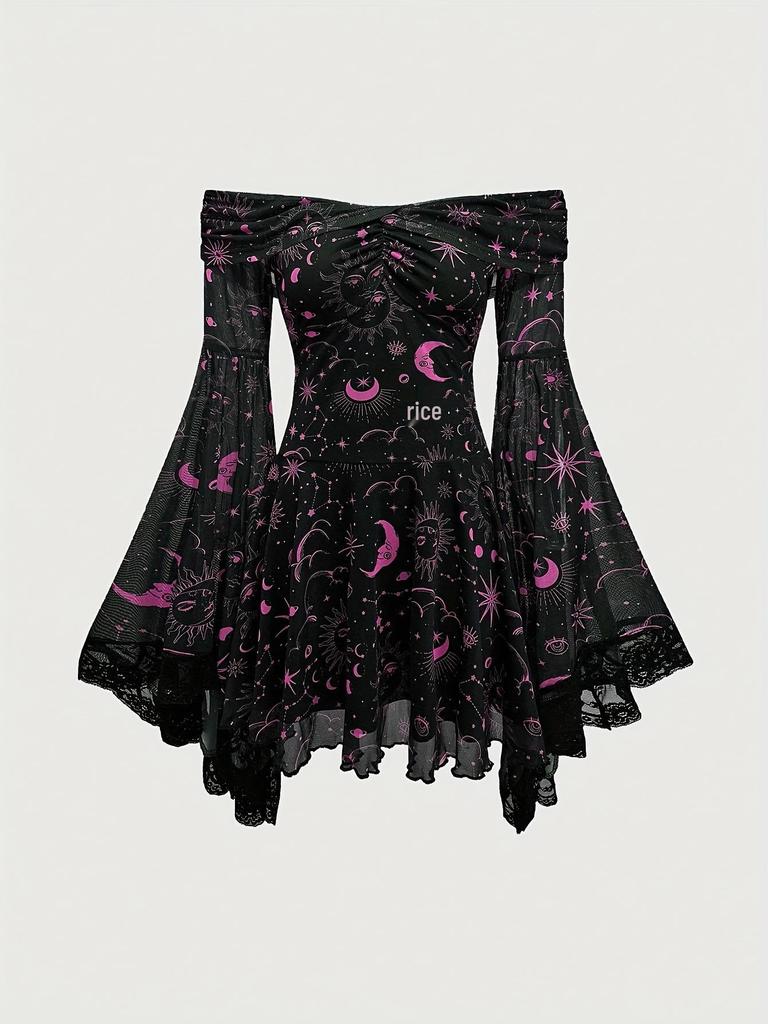 Gothic Star Moon Off-Shoulder Bell Sleeve A-Line Dress