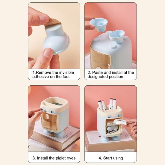 Cute Cartoon Pig Pen Holder Multi-Grid Desk Organizer with Drawer Multi-functional Cosmetic Makeup Brush Holder for Home Office School Supplies