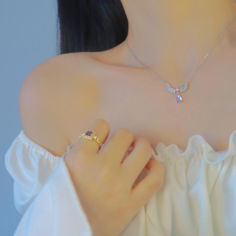 Fashion Elegant Moonstone Teardrop Angel Wing Titanium Steel Necklace for Women Minimalist Choker