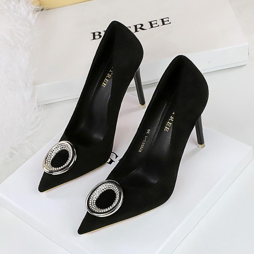 Dámské boty s úpravou chodidla pro zeštíhlení, Super vysoké podpatky, Semiš, Mělký výkroj, Špičatá kovová spona s kamínky, Lodičky na vysokém podpatku