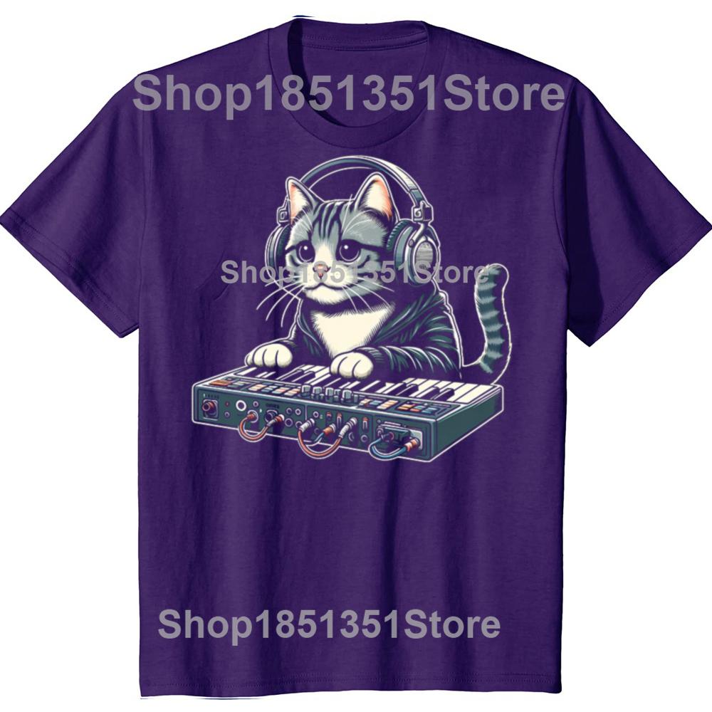 Funny Cat Synthesizer Music Synth Electro Techno Graphic Tshirts Men Fashion Casual Tshirt 100 Cotton Loose Oversized T Shirt