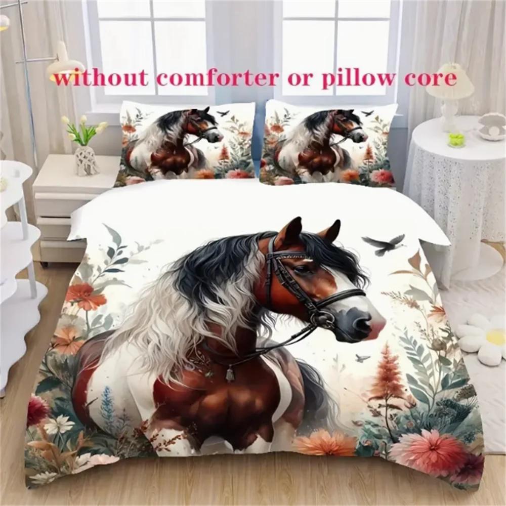 3pcs Floral Horse Printed Duvet Cover Set (1 Duvet Cover + 2 Pillowcases, No Core) - Soft, Comfortable, And Breathable Bedroom