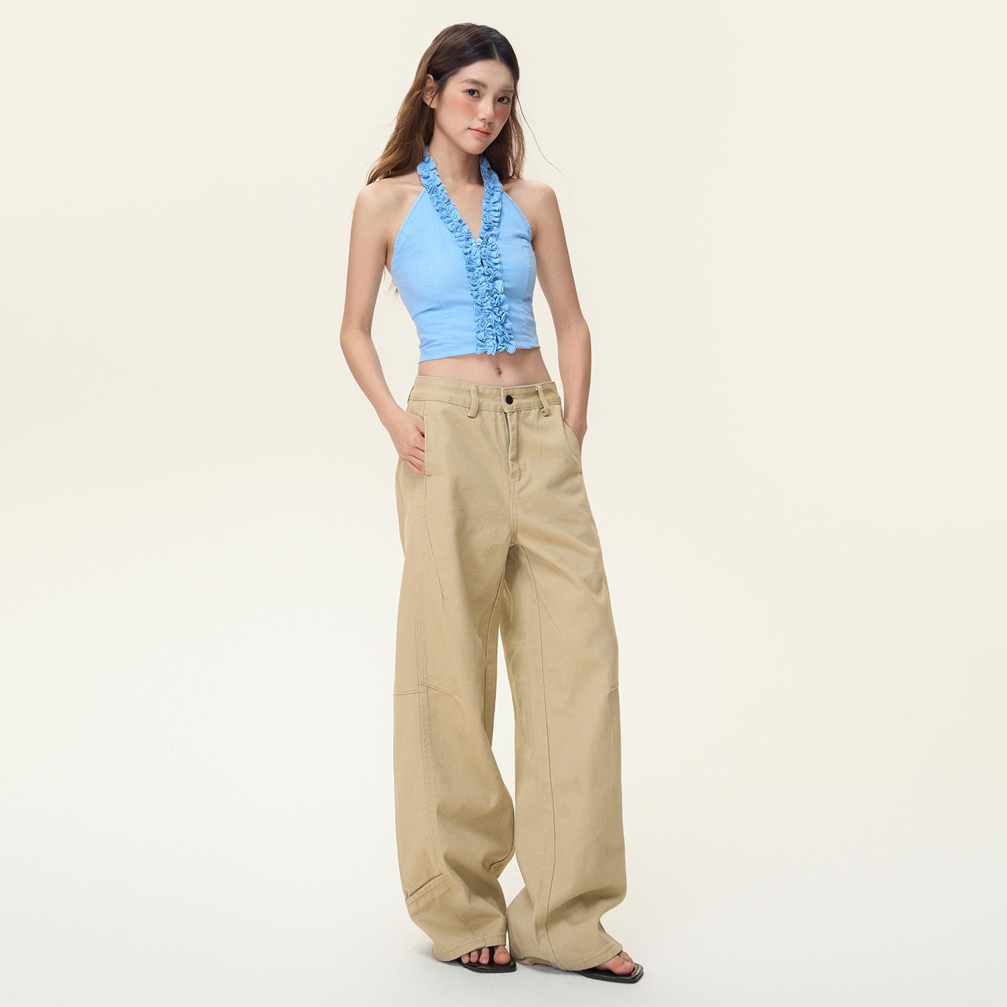 

Women s Autumn Retro Khaki Wide-Leg Floor-Length Jeans S