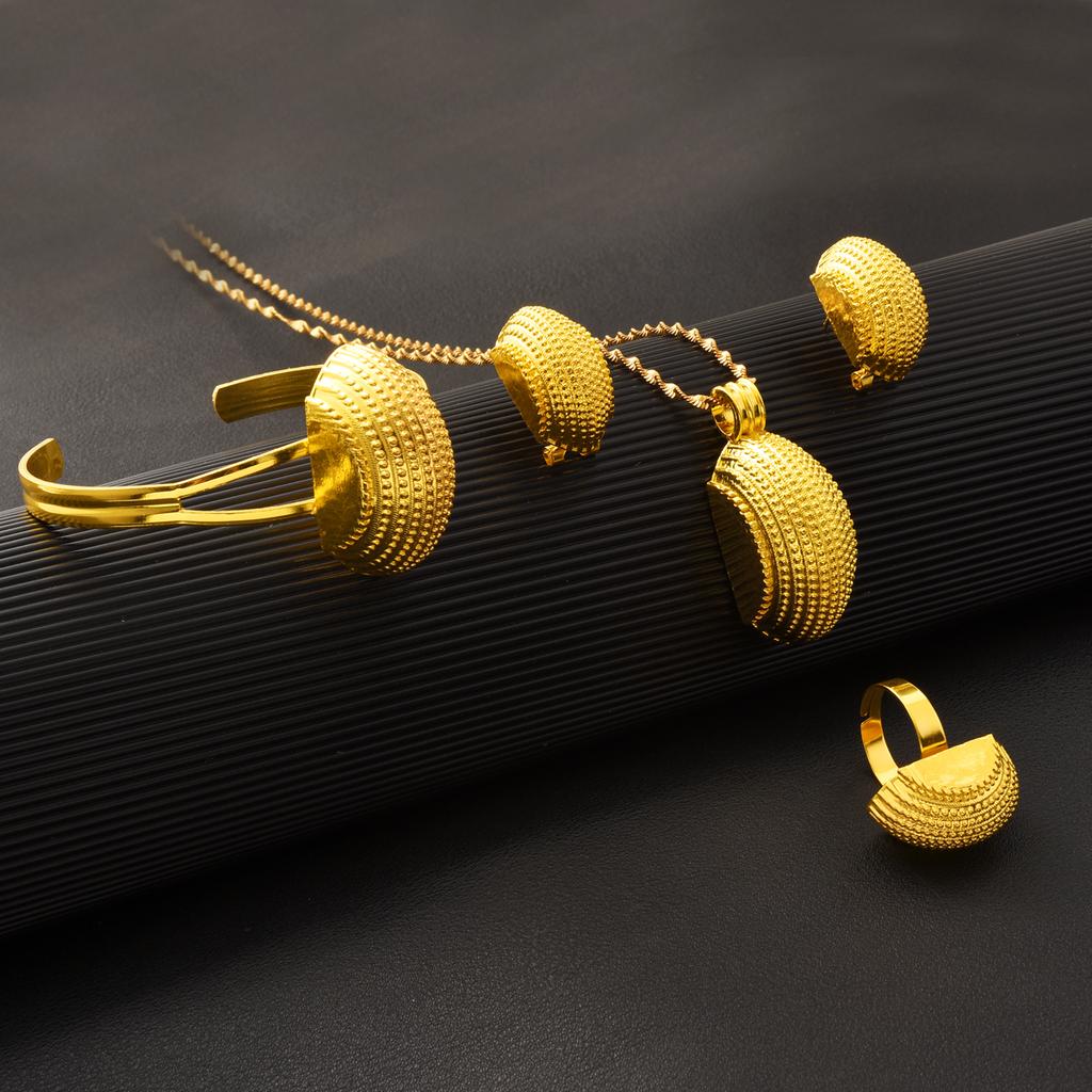 Eritrean Luxury Gold Color Zircon Sets For Women Ethiopian Pendant Earrings Ring Bracelet Africa Dubai Wedding Accessories Gift