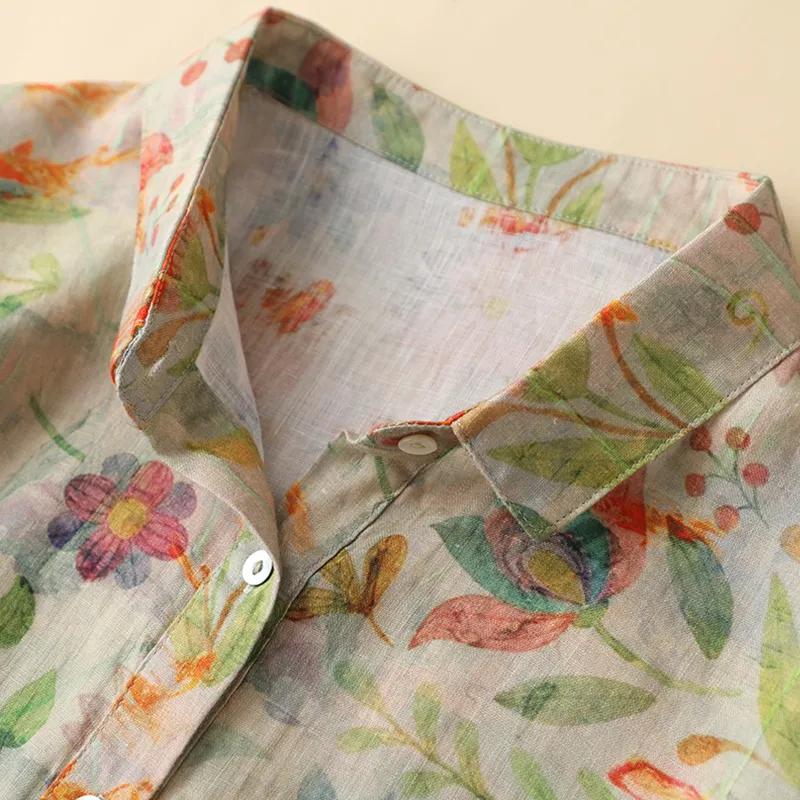Women's Spring Linen Print Shirt Floral Vintage Causal Long-Sleeve Blouse