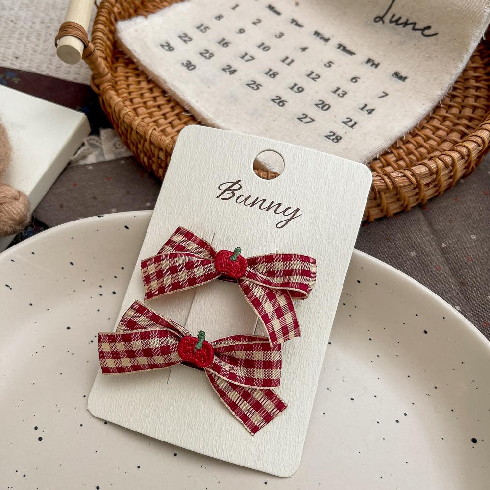 2pcs Red Plaid Bow Cherry Apple Children's Hairpin Cute Girl Elastic Hair Band Hair Rope Tie BB Clip Sweet Baby Hair Accessories