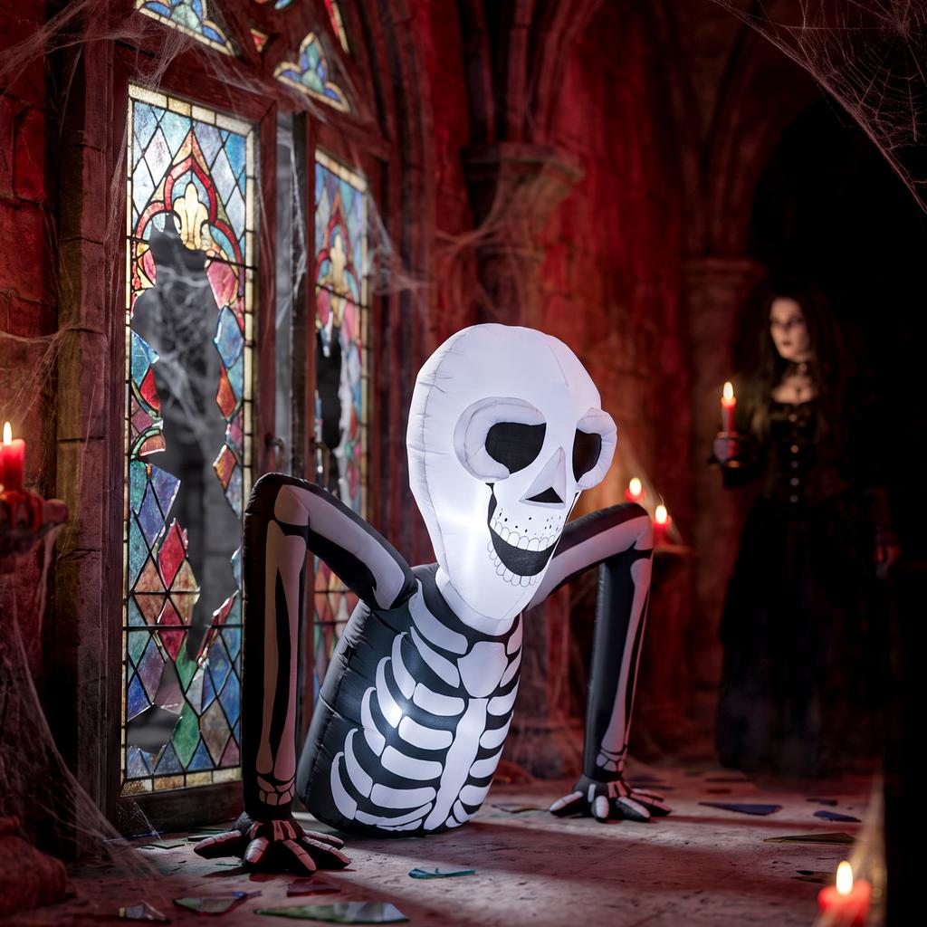 Inflatable Halloween Skeleton, Crawling Out of the Ground, with LED Lights, Spooky Decoration for Indoor and Outdoor Use.