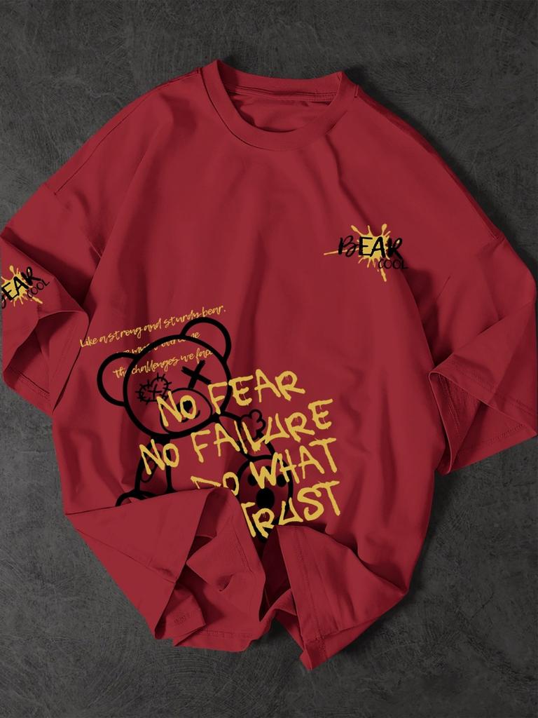 Fashionable men's summer personalized teddy bear letter print comfortable and breathable round neck T-shirt outdoor street top