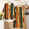 Women Plus Size Printed Two Piece Set Round Neck 3 4 Sleeve High Low Top Wide Leg Pants