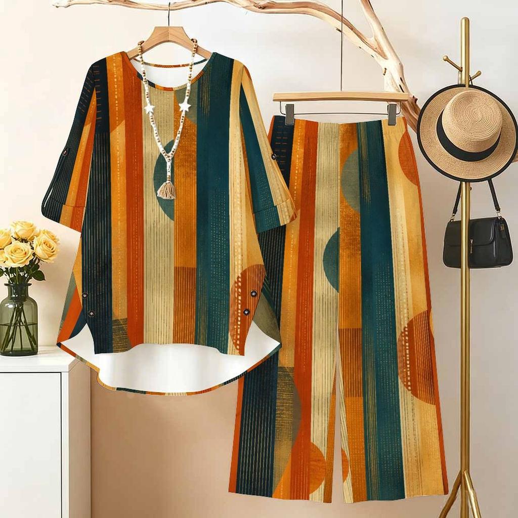 Women Plus Size Printed Two Piece Set Round Neck 3 4 Sleeve High Low Top Wide Leg Pants