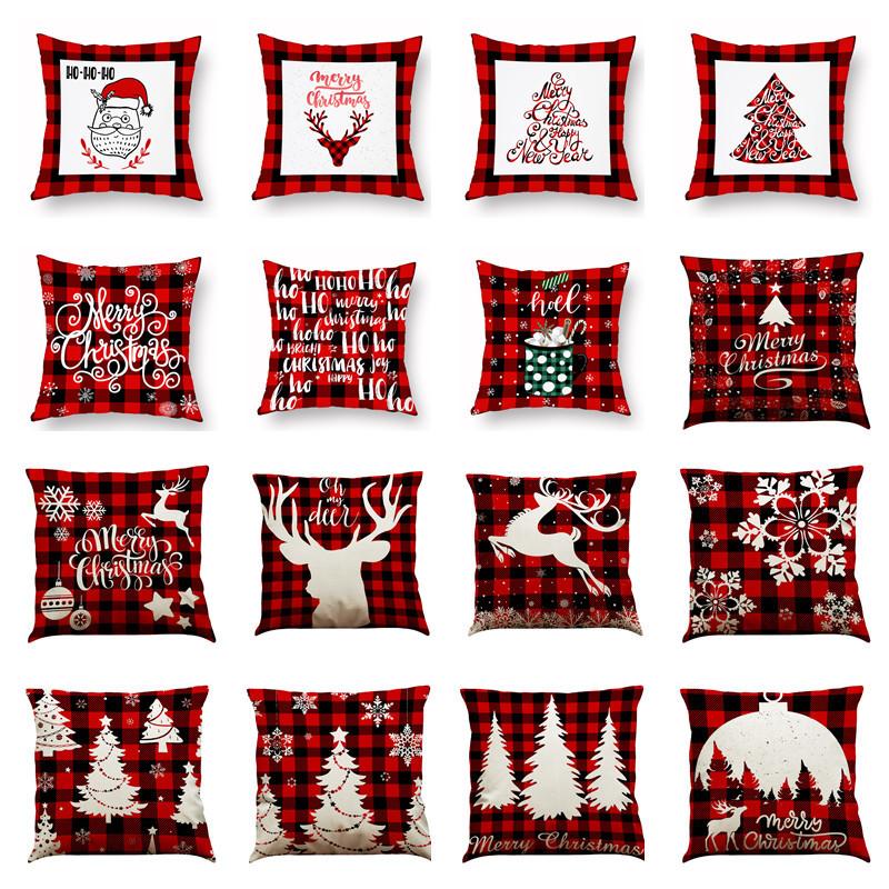 Red Plaid Elk Deep Forest Christmas Pillow Cover Home Sofa Cushion Cover