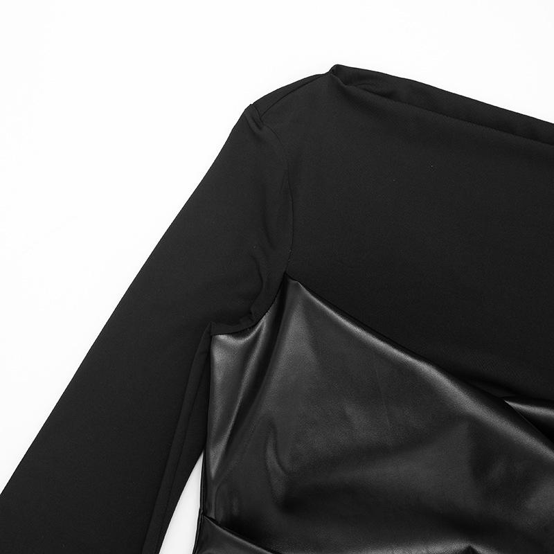 Autumn Bell Sleeve Faux Leather Patchwork Knit Top for Women