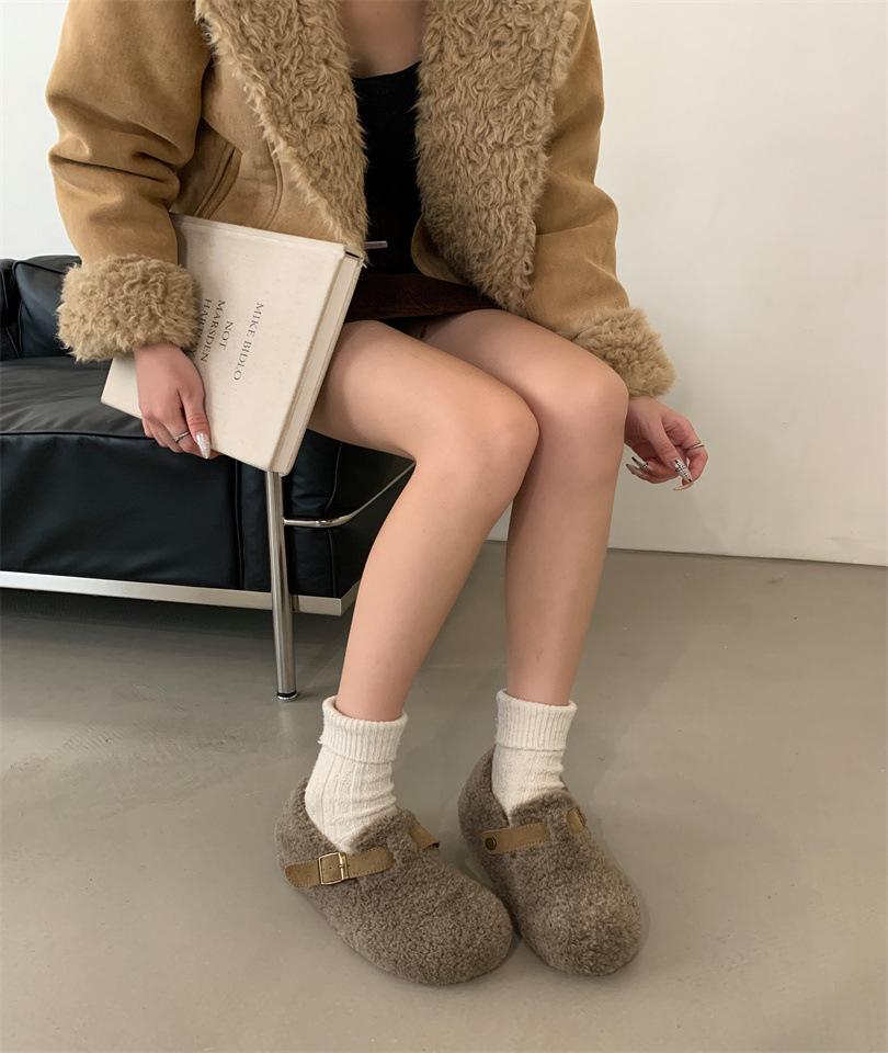 

Педальные шерстяные хлопковые туфли для женщин для ношения осенью и зимой 2025 года, новые на плоской подошве, из искусственной овечьей шерсти, теплые туфли-дутики на одну ногу 39 серый