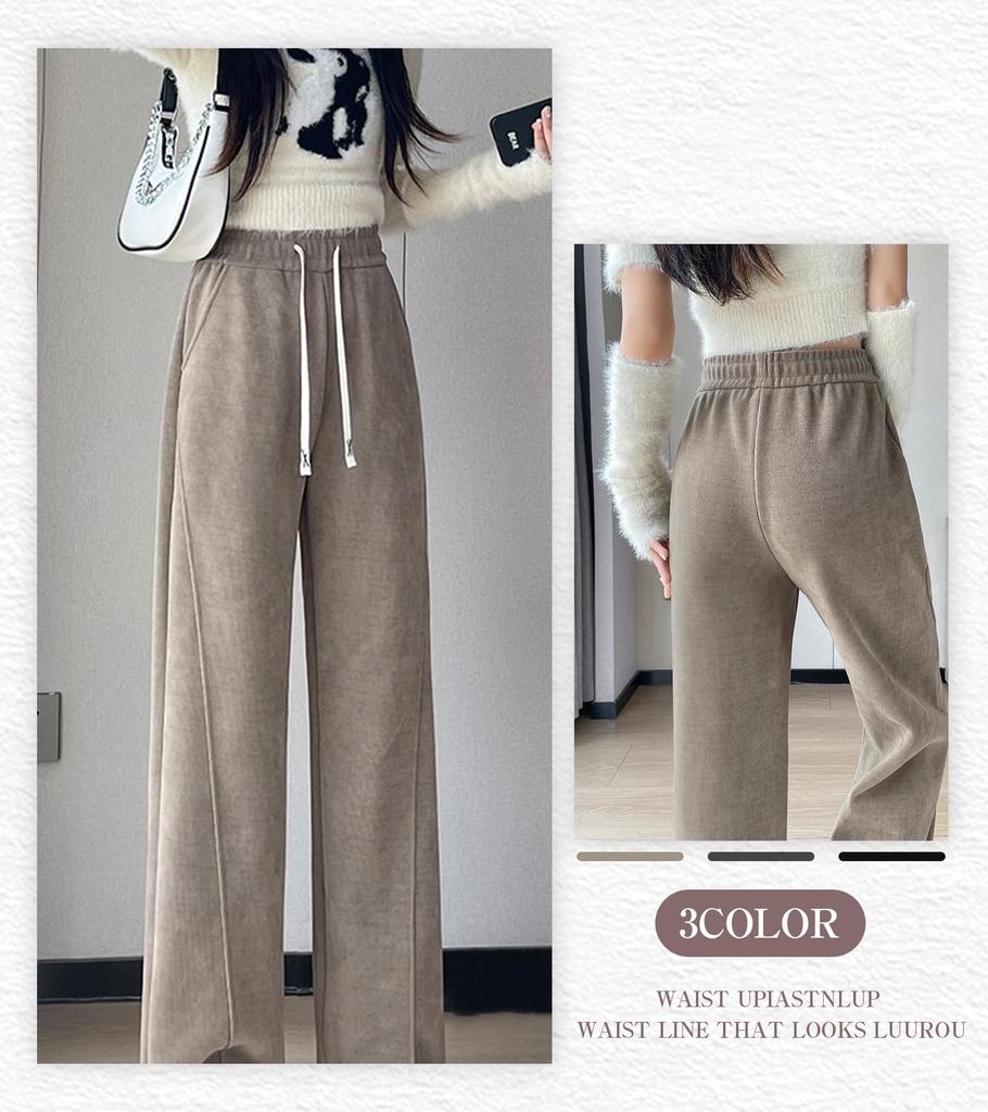 Ribbed Elastic Waist Casual Sizes [DAY CLOTHDaycloth] Women's Fleece-Lined Wide-Leg Pants, M-2XL, Fall/Winter (JP, Alphabet, M, Khaki)