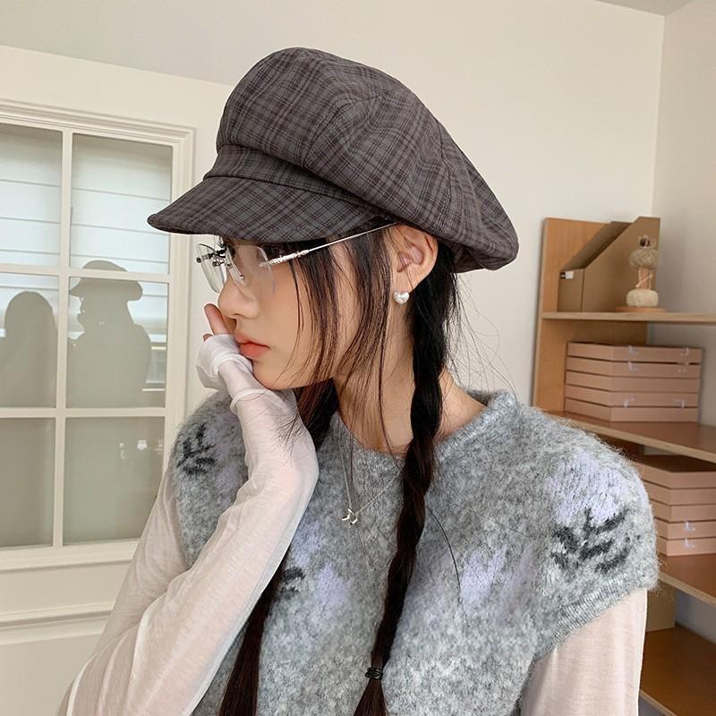 5 Early Autumn New Plaid Newsboy Hat Women's Big Head Circumference Shows the Small Beret Tide
