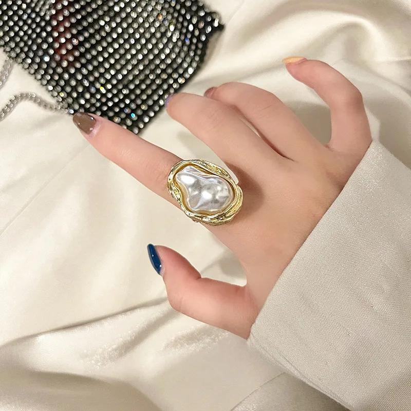 New Fashion Geometrical Irregular Heteroideus Pearl Ring for Women Retro Open Resizable Index Finger Rings Party Jewelry