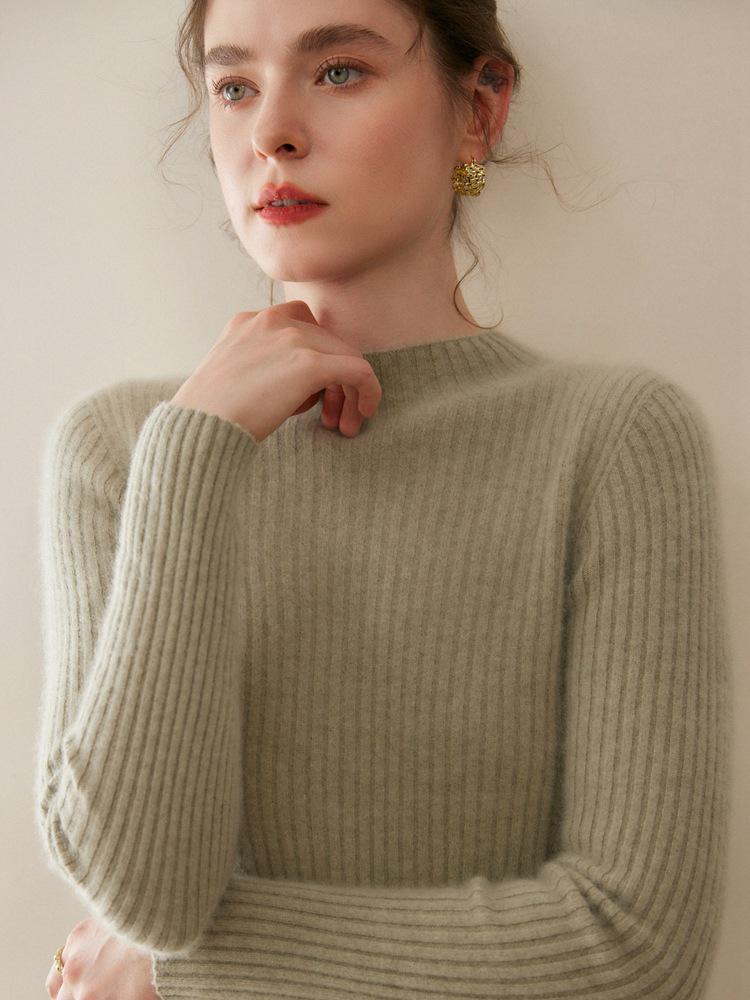 2025 Autumn/Winter Women's Slim-Fit Half-High Neck Solid Cashmere Ribbed Sweater
