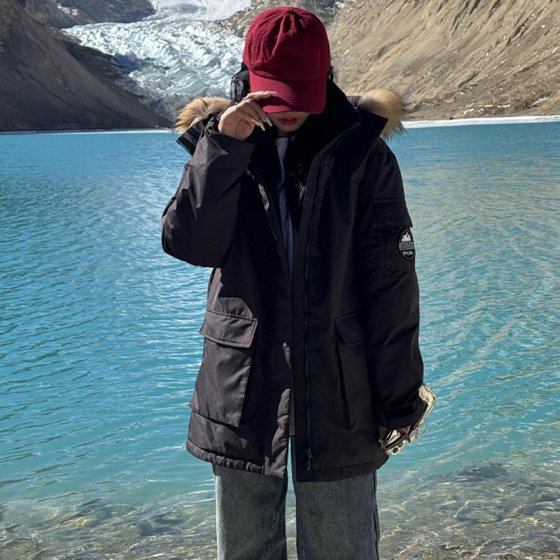 Roupa de Trabalho Outono e Inverno com Gola de Pele, Jaqueta Parker de Algodão com Penas, Jaqueta de Algodão Moda Americana, Jaqueta Quente Média a Longa, Roupa Exterior de Algodão Casual