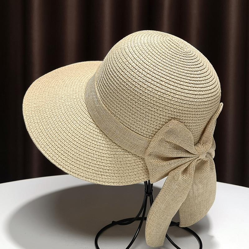 Straw Hat Women's Summer Sunshade Seaside Beach Hat Sunscreen Bow Dome Hat Pastoral Tide Big Edge Dome Basin Hat