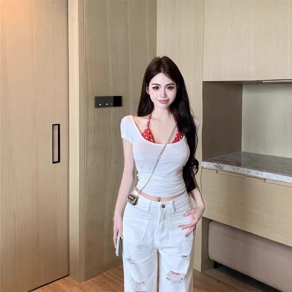 Women's Polka Dot Off-Shoulder Halterneck Short-Sleeve Top: Sweet and Spicy Summer Style