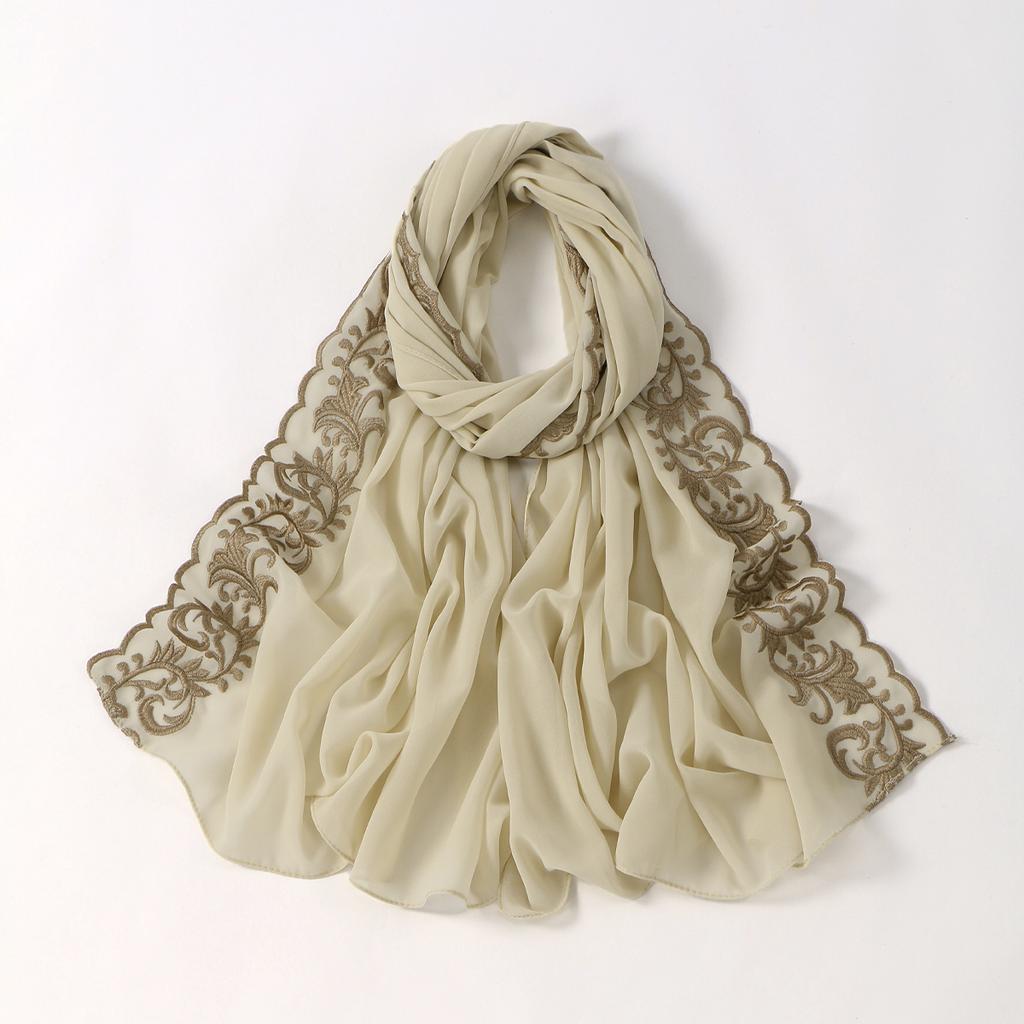 Floral Embroidery Edge Chiffon Silk Scarf Women Muslim Hijab Headscarf Soft Wraps Headband Summer Sunscreen Shawls Beach Shawls