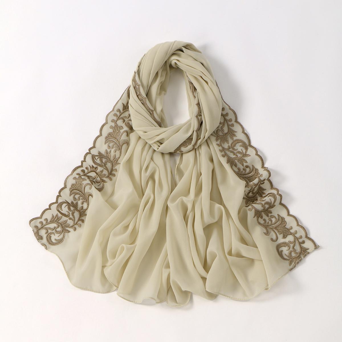 

Шифоновый хиджаб-шарф с вышивкой в виде цветов для женщины, мусульманские хиджабы, модный длинный платок, кружевной край, длинный шарф, исламский тюрбан, головной платок