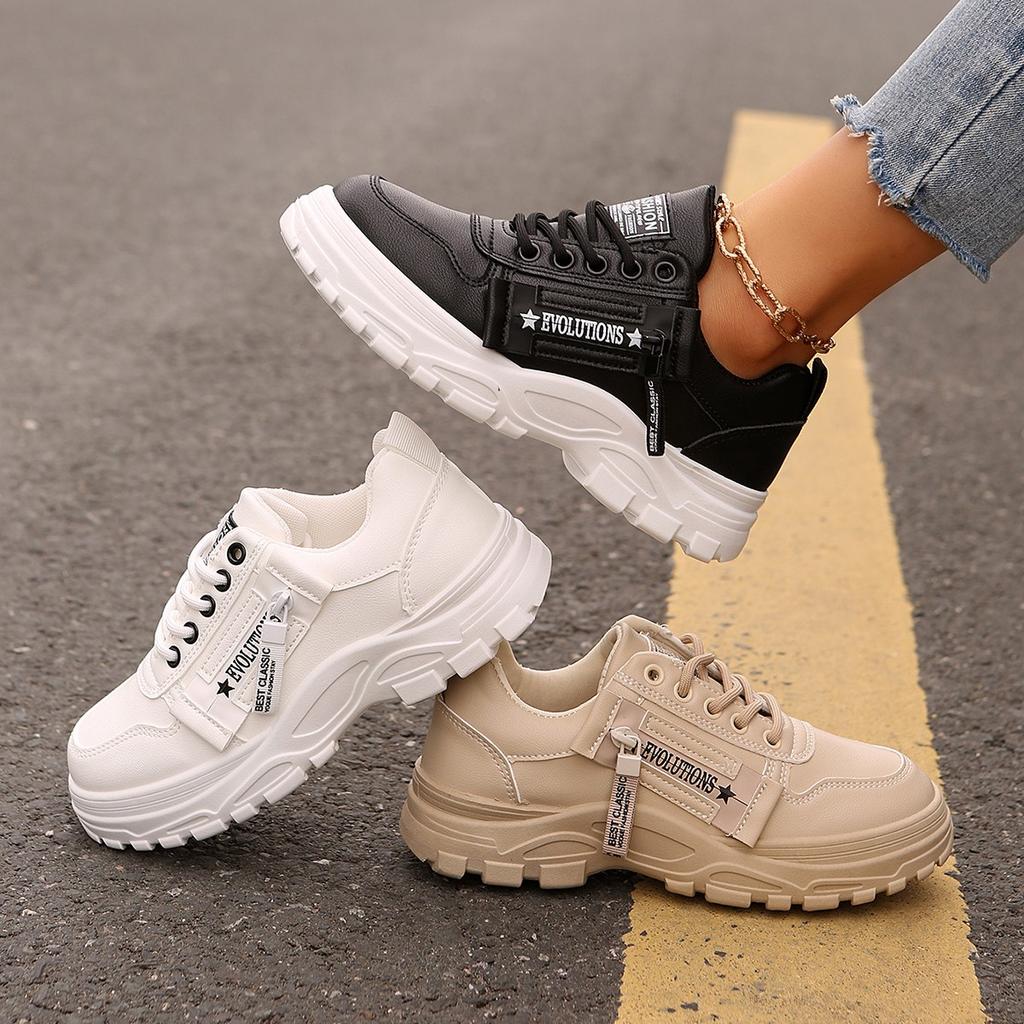 Fashionable New Comfortable Women's Vulcanized Shoes Elegant Solid Color Lace Up Thick Soled Casual Shoes In Spring and Autumn