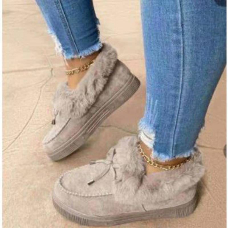 New Women's Shoes Women's Cotton Shoes Winter Bow Warm Shoes Flat-soled Fluffy Shoes